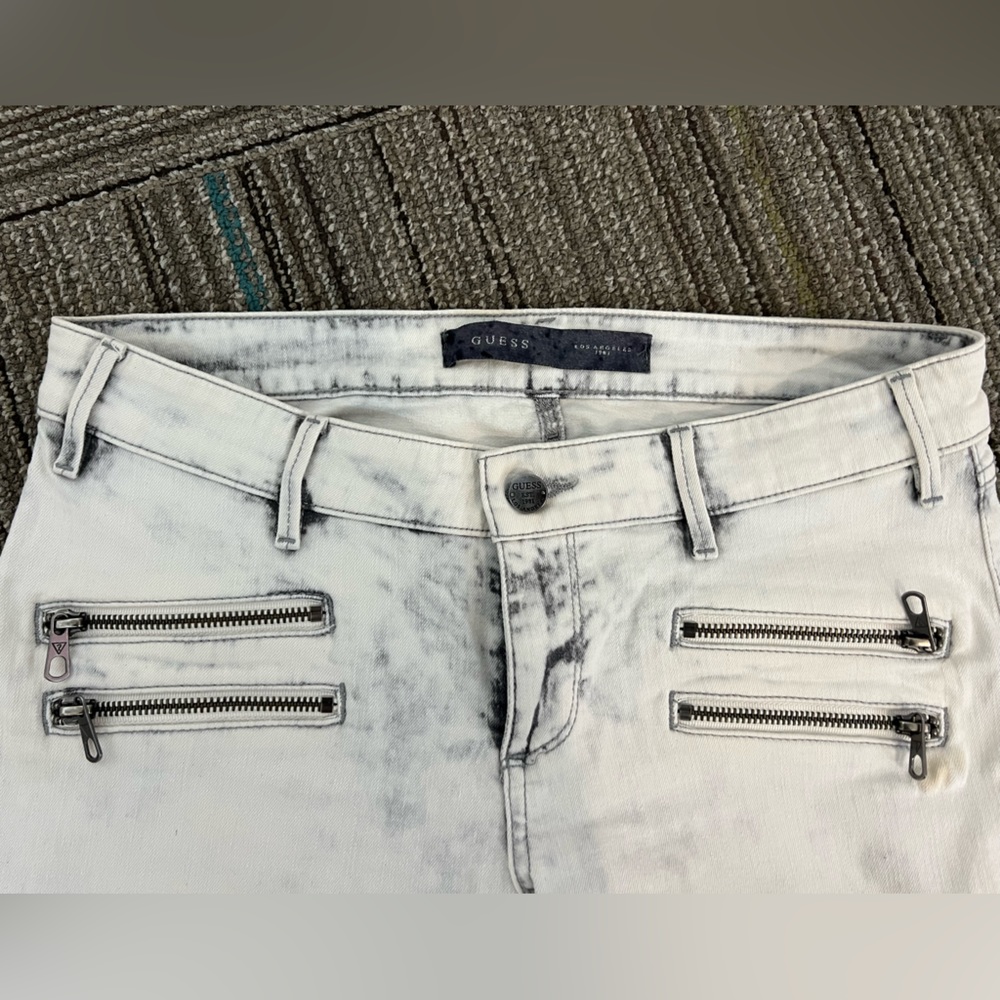 Guess White-Washed Slim Tapered Zipped Ankle Moto Jeans